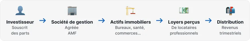 Fonctionnement d'une SCPI en 5 étapes : investisseur, société de gestion, actifs immobiliers, loyers perçus, distribution