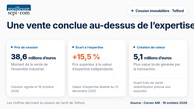 Cession de Telford : 38,6 millions d’euros, un prix supérieur de 15,5 % à l’expertise et 5,1 millions de plus-value brute.