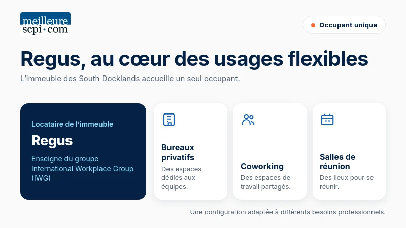 Regus est l’occupant unique de l’immeuble de Dublin, avec bureaux privatifs, coworking et salles de réunion.