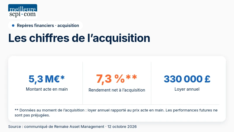Chiffres financiers de l’acquisition du 406-408 Strand : 5,3 M€, 7,3 % de rendement net et 330 000 £ de loyer annuel.