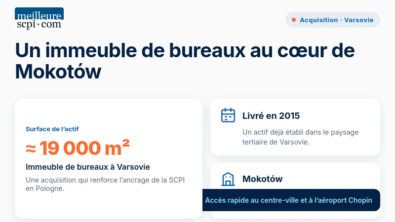 L’acquisition à Varsovie porte sur un immeuble de bureaux d’environ 19 000 m², livré en 2015 et situé dans le quartier de Mokotów.