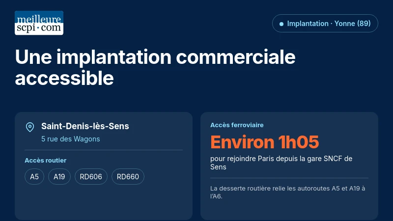 À Saint-Denis-lès-Sens, l’actif est desservi par les autoroutes A5 et A19, les RD606 et RD660, et Sens-Paris en environ 1h05.