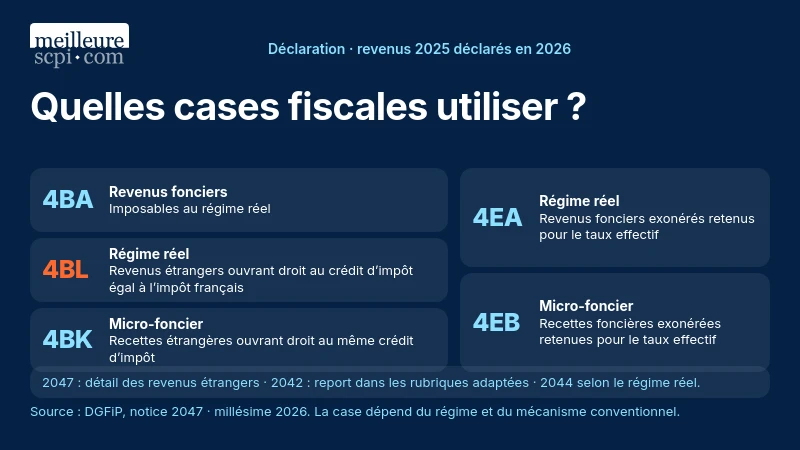 Cases fiscales 2026 : 4BA, 4BL, 4BK pour les revenus fonciers imposables ; 4EA et 4EB pour le taux effectif.
