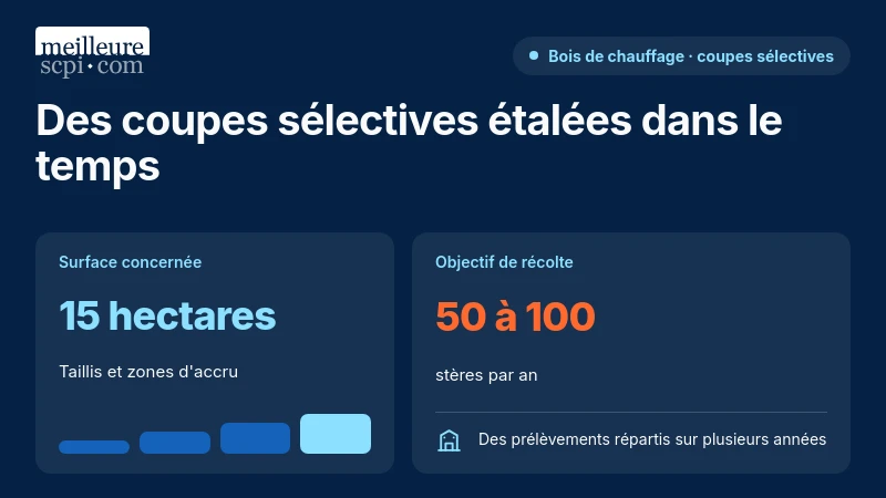 Coupes sélectives de bois de chauffage prévues sur 15 hectares, avec une récolte de 50 à 100 stères par an.