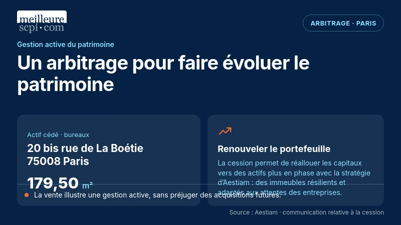 Actif de bureaux de 179,50 m² au 20 bis rue de La Boétie, Paris 8e, cédé dans une stratégie d’arbitrage.
