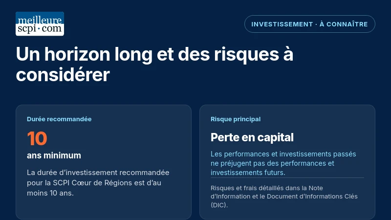 SCPI Cœur de Régions : horizon d’investissement recommandé d’au moins 10 ans et risque de perte en capital.