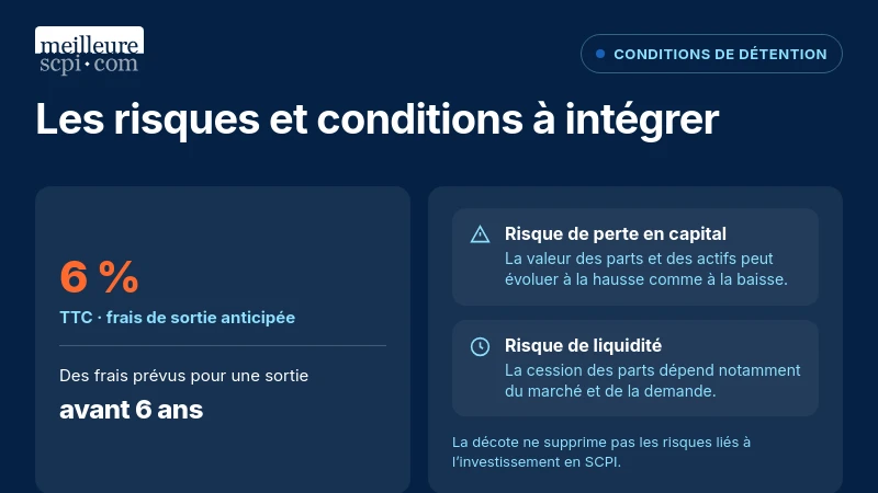 SCPI Iroko Atlas : frais de sortie anticipée de 6 % TTC avant 6 ans, avec risques de perte en capital et de liquidité.