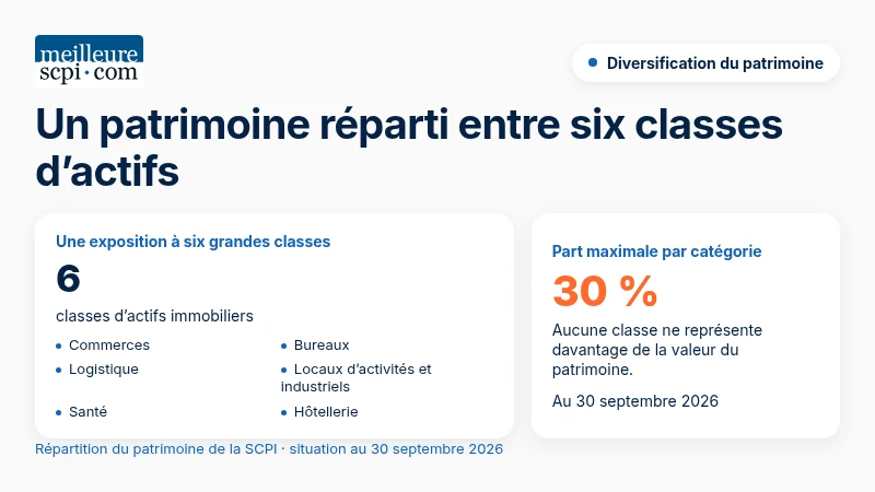 Épargne Pierre Europe est investie dans six classes d’actifs ; au 30 septembre 2026, aucune ne dépasse 30 % du patrimoine.