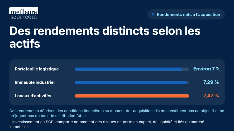 Rendements nets à l’acquisition des trois opérations : environ 7 %, 7,29 % et 7,47 %, sans préjuger du rendement futur.