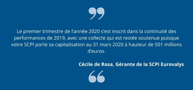 Le premier trimestre de l’année 2020 s’est inscrit dans la continuité des performances de 2019, avec une collecte qui est restée soutenue puisque votre SCPI porte sa capitalisation au 31 mars 2020 à hauteur de 501 millions d’euros. 